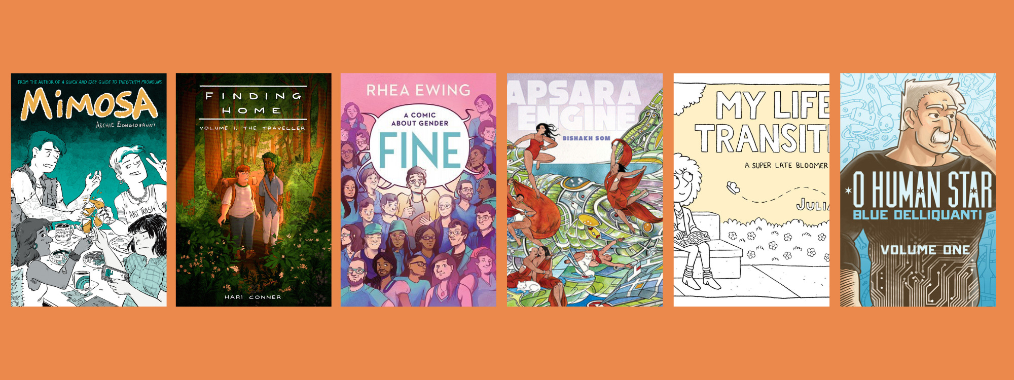 Small cover images of the listed books on an orange background.