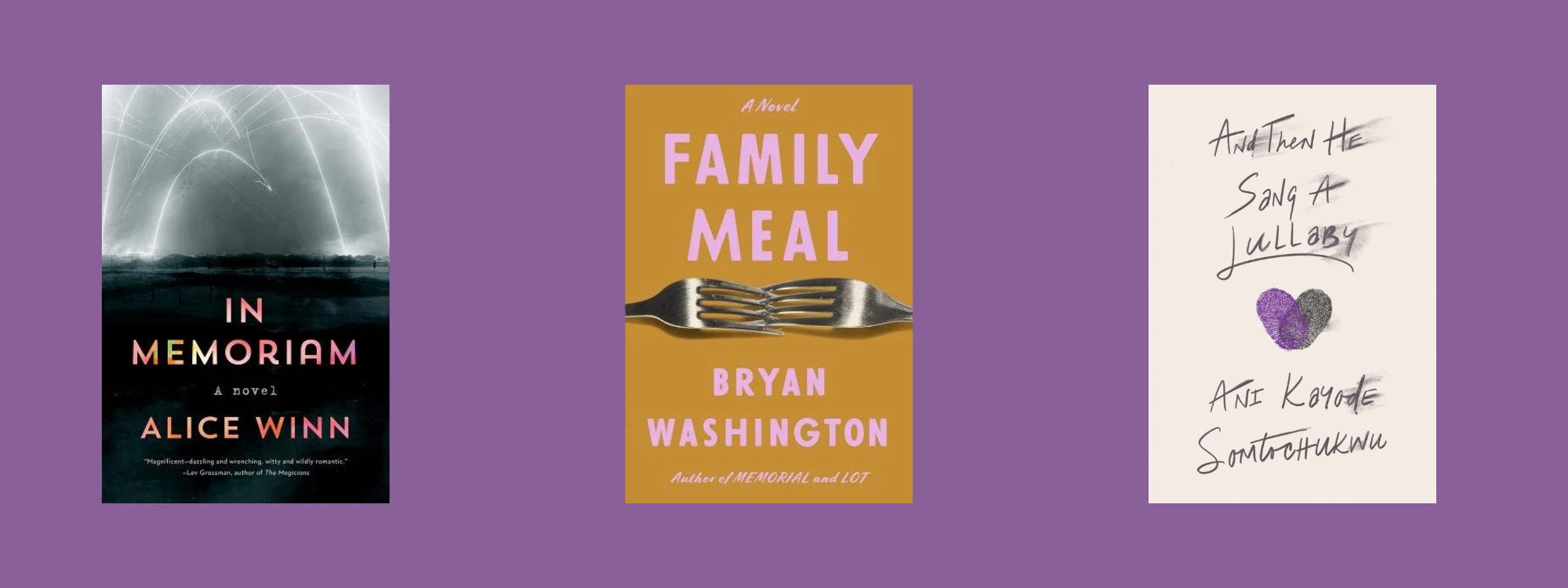 Small cover images of the listed books on a purple background.