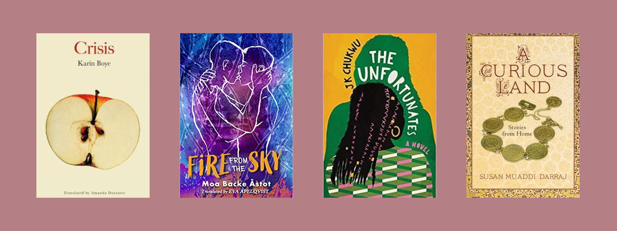 Small cover images of the listed books on a purple background.