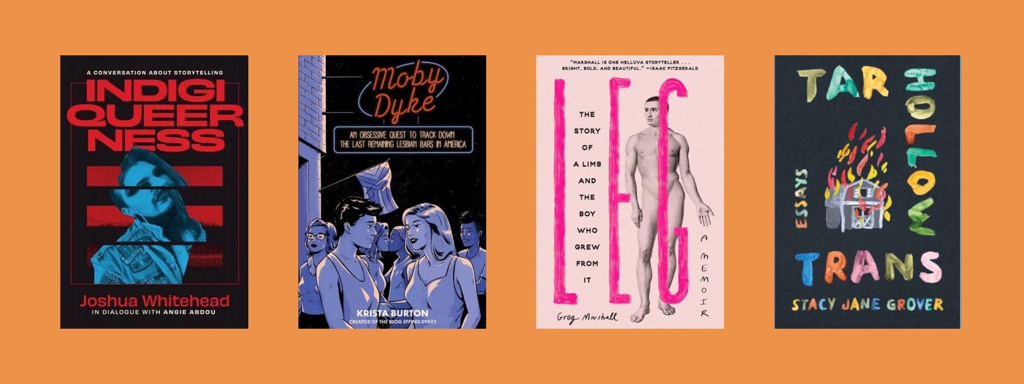 Small cover images of the listed books on an orange background.