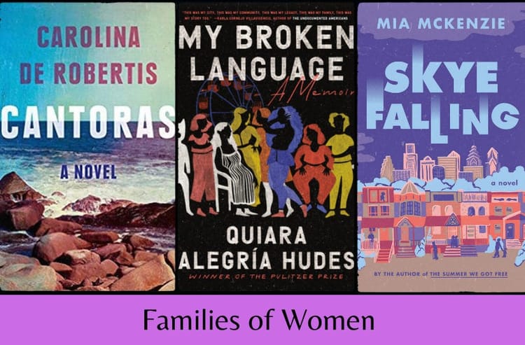 The three listed books in a row, above the text ‘Families of Women’ on a purple background.
