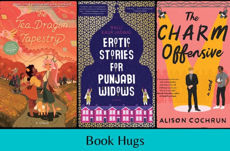 The covers of the featured books above the text “Book Hugs” on a blue background.
