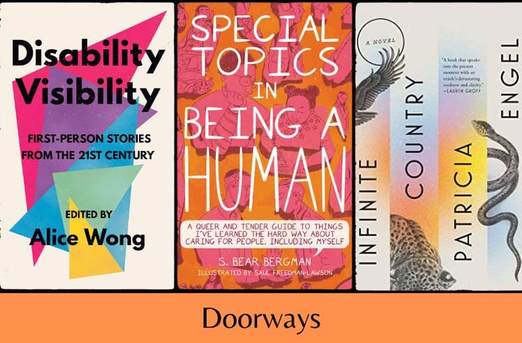 The three listed book covers in a row above the text 'Doorways' on an orange background.