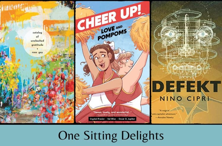 The three listed book covers in a row. Text below on a light teal background reads ‘One Sitting Delights’.
