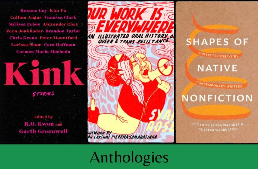 Covers of the listed books in a row above the text “Anthologies” on a green background.