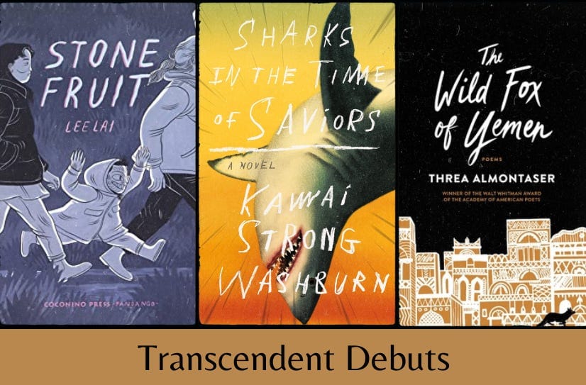 The three listed book covers in a row above text ‘Transcendent Debuts’ on a brown background.