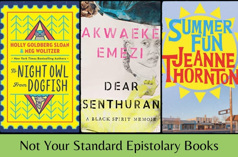 Three listed book covers in a row above the text ‘Not Your Standard Epistolary Books’ on a light green background.